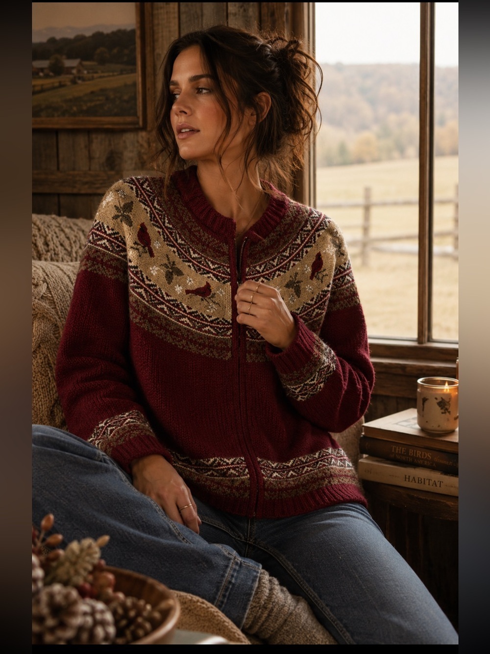 Croft & Barrow - zip up cardigan with cardinal bird fair isle - size PL